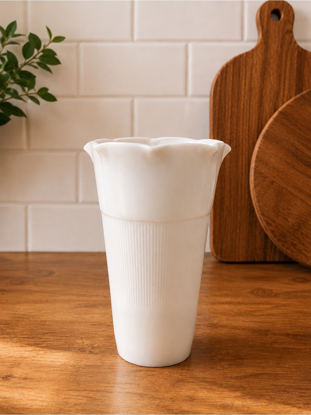 White Milk Glass Scalloped Vase | Ribbed Pedestal Bud Vase